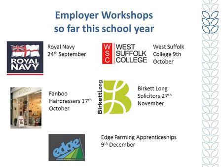 Employer Workshops so far this school year Royal Navy 24 th September Fanboo Hairdressers 17 th October West Suffolk College 9th October Birkett Long Solicitors.