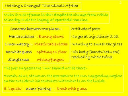 ‘Nothing’s Changed’ Tatamkhula Afrika 2 Main thrust of poem is that despite the change from White Minority Rule the legacy of apartheid remains. Contrast.