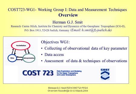 Herman G.J. Smit/FZJ-COST723-WG-I Overview Noordwijk-11-13 March 2004 COST723-WG1- Working Group I: Data and Measurement Techniques Overview Herman G.J.