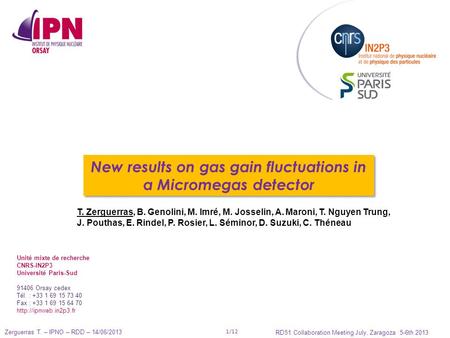 Zerguerras T. – IPNO – RDD – 14/06/2013 RD51 Collaboration Meeting July, Zaragoza 5-6th 2013 1/12 New results on gas gain fluctuations in a Micromegas.