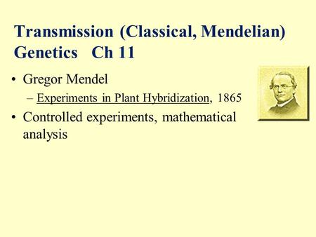 Transmission (Classical, Mendelian) Genetics Ch 11 Gregor Mendel –Experiments in Plant Hybridization, 1865 Controlled experiments, mathematical analysis.
