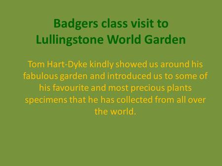 Badgers class visit to Lullingstone World Garden Tom Hart-Dyke kindly showed us around his fabulous garden and introduced us to some of his favourite and.