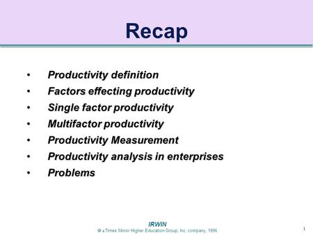 Recap Productivity definition Factors effecting productivity