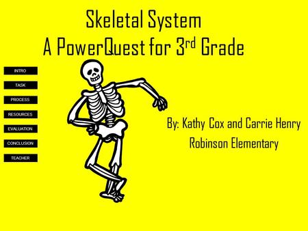 TASK PROCESS RESOURCES EVALUATION CONCLUSION TEACHER INTRO Skeletal System A PowerQuest for 3 rd Grade By: Kathy Cox and Carrie Henry Robinson Elementary.