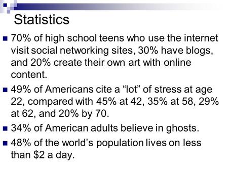 Statistics 70% of high school teens who use the internet visit social networking sites, 30% have blogs, and 20% create their own art with online content.