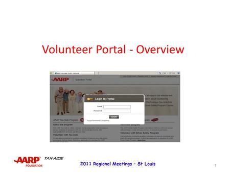 Volunteer Portal - Overview 1 2011 Regional Meetings – St Louis.