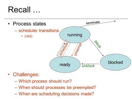 Recall … Process states –scheduler transitions (red) Challenges: –Which process should run? –When should processes be preempted? –When are scheduling decisions.