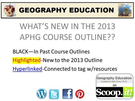 WHAT’S NEW IN THE 2013 APHG COURSE OUTLINE?? BLACK—In Past Course Outlines Highlighted-New to the 2013 Outline HyperlinkedHyperlinked-Connected to tag.