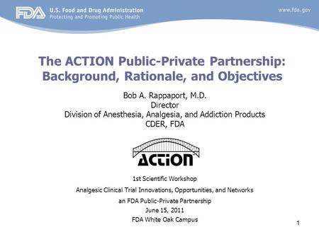 1 The ACTION Public-Private Partnership: Background, Rationale, and Objectives Bob A. Rappaport, M.D. Director Division of Anesthesia, Analgesia, and Addiction.