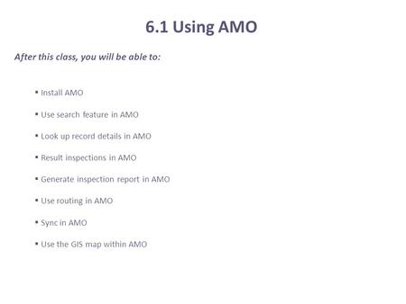 6.1 Using AMO After this class, you will be able to: Install AMO