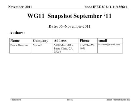 Doc.: IEEE 802.11-11/1356r1 Submission November 2011 Bruce Kraemer (Marvell)Slide 1 WG11 Snapshot September ‘11 Date: 06 -November-2011 Authors: