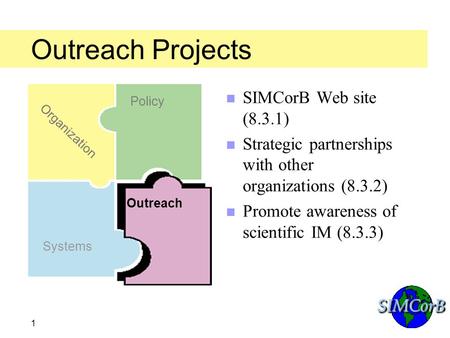 SIMCorBSIMCorB 1 Outreach Projects n SIMCorB Web site (8.3.1) n Strategic partnerships with other organizations (8.3.2) n Promote awareness of scientific.