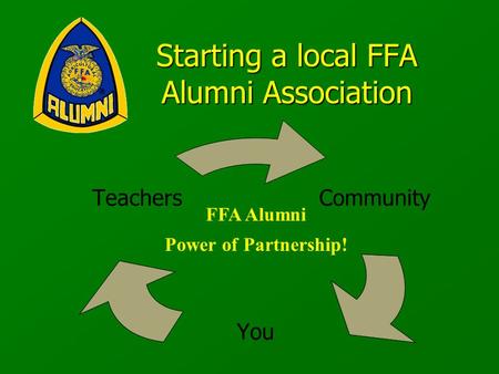 Community You Teachers FFA Alumni Power of Partnership! Starting a local FFA Alumni Association.