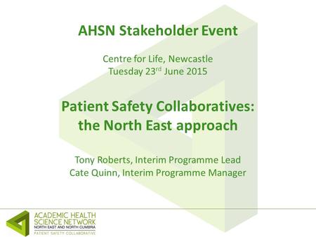 AHSN Stakeholder Event Centre for Life, Newcastle Tuesday 23 rd June 2015 Patient Safety Collaboratives: the North East approach Tony Roberts, Interim.