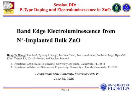 Page 1 Band Edge Electroluminescence from N + -Implanted Bulk ZnO Hung-Ta Wang 1, Fan Ren 1, Byoung S. Kang 1, Jau-Jiun Chen 1, Travis Anderson 1, Soohwan.