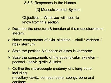 Objectives – What you will need to know from this section  Describe the structure & function of the musculoskeletal system.  Name components of axial.