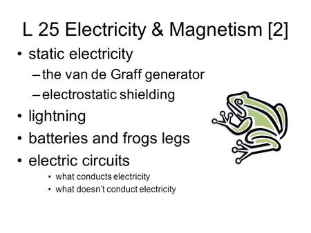 L 25 Electricity & Magnetism [2] static electricity –the van de Graff generator –electrostatic shielding lightning batteries and frogs legs electric circuits.