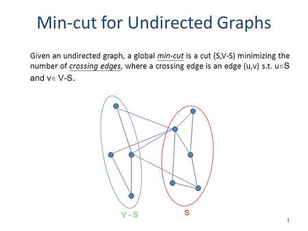 1 Min-cut for Undirected Graphs Given an undirected graph, a global min-cut is a cut (S,V-S) minimizing the number of crossing edges, where a crossing.