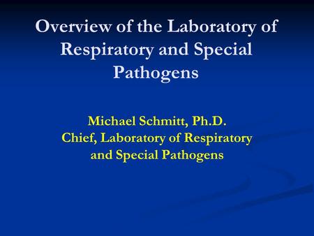 Overview of the Laboratory of Respiratory and Special Pathogens Michael Schmitt, Ph.D. Chief, Laboratory of Respiratory and Special Pathogens.