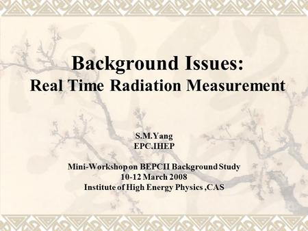 Background Issues: Real Time Radiation Measurement S.M.Yang EPC.IHEP Mini-Workshop on BEPCII Background Study 10-12 March 2008 Institute of High Energy.