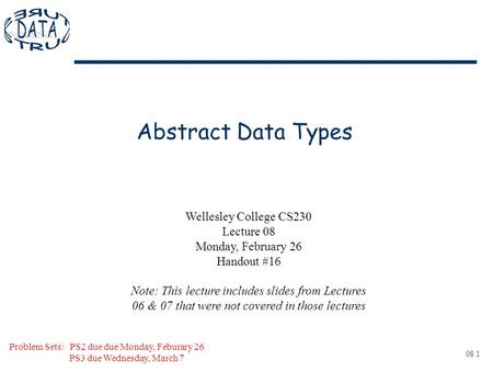 08 1 Abstract Data Types Problem Sets: PS2 due due Monday, Feburary 26 PS3 due Wednesday, March 7 Wellesley College CS230 Lecture 08 Monday, February 26.