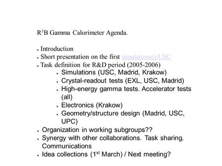 R 3 B Gamma Calorimeter Agenda. ● Introduction ● Short presentation on the first ● Task definition for R&D period (2005-2006)