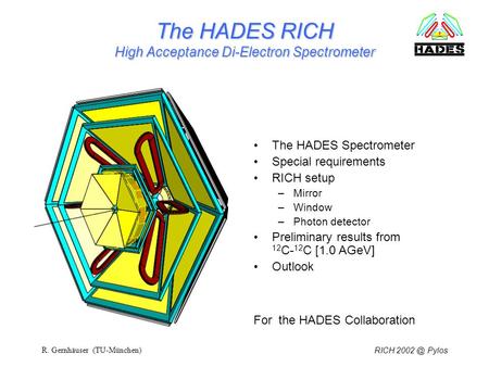 RICH PylosR. Gernhäuser (TU-München) The HADES RICH High Acceptance Di-Electron Spectrometer The HADES Spectrometer Special requirements RICH setup.