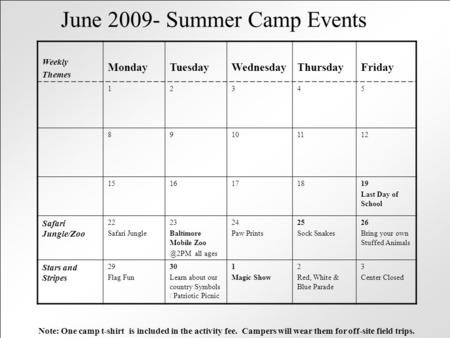 June 2009- Summer Camp Events Note: One camp t-shirt is included in the activity fee. Campers will wear them for off-site field trips. Weekly Themes MondayTuesdayWednesdayThursdayFriday.