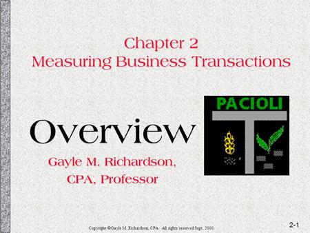 2-1 Copyright  Gayle M. Richardson, CPA. All rights reserved.Sept. 2000. Chapter 2 Measuring Business Transactions Overview Gayle M. Richardson, CPA,