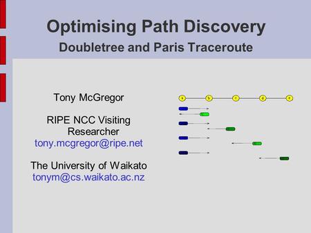 Tony McGregor RIPE NCC Visiting Researcher The University of Waikato Optimising Path Discovery Doubletree.