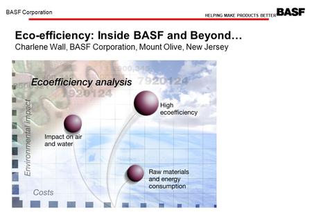 B BASF Eco-Efficiency C. Wall BASF Corporation HELPING MAKE PRODUCTS BETTER TM 1 Eco-efficiency: Inside BASF and Beyond… Charlene Wall, BASF Corporation,