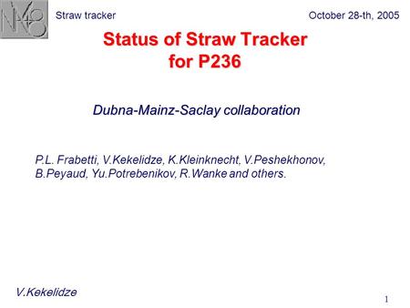 October 28-th, 2005Straw tracker 1 Status of Straw Tracker for P236 P.L. Frabetti, V.Kekelidze, K.Kleinknecht, V.Peshekhonov, B.Peyaud, Yu.Potrebenikov,