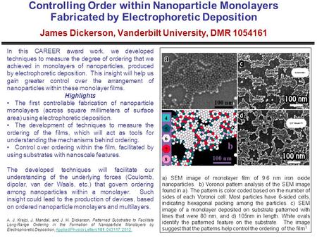 Controlling Order within Nanoparticle Monolayers Fabricated by Electrophoretic Deposition James Dickerson, Vanderbilt University, DMR 1054161 In this CAREER.