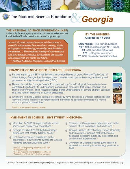 BY THE NUMBERS Georgia in FY 2012 $122 million: NSF funds awarded 19 th : National ranking in NSF funds 39: NSF-funded institutions 529: NSF grants awarded.