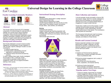 Universal Design for Learning in the College Classroom Abstract This Faculty Learning Community (FLC) integrated components of Universal Design for Learning.