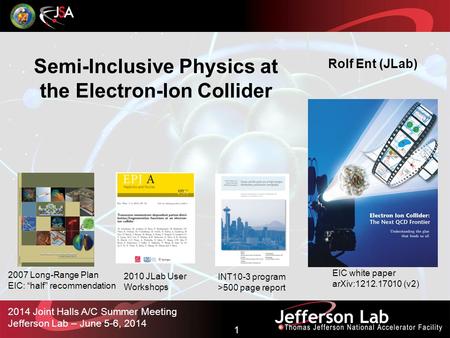 1 2014 Joint Halls A/C Summer Meeting Jefferson Lab – June 5-6, 2014 Semi-Inclusive Physics at the Electron-Ion Collider Rolf Ent (JLab) EIC white paper.