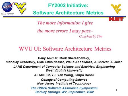 IV&V Facility 1 FY2002 Initiative: Software Architecture Metrics Hany Ammar, Mark Shereshevsky, Nicholay Gradetsky, Diaa Eldin Nassar, Walid AbdelMoez,