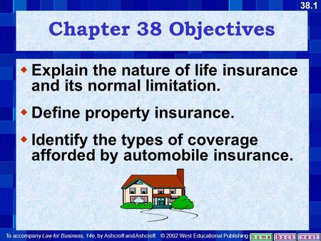 38.1 b a c kn e x t h o m e Chapter 38 Objectives  Explain the nature of life insurance and its normal limitation.  Define property insurance.  Identify.