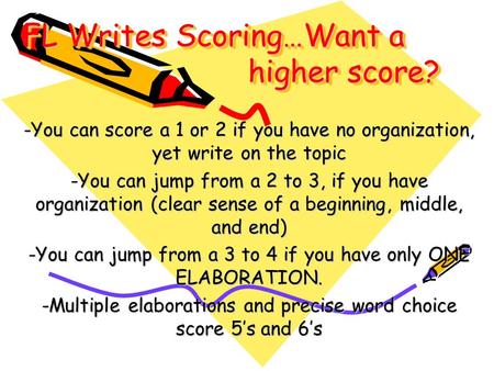 FL Writes Scoring…Want a higher score? -You can score a 1 or 2 if you have no organization, yet write on the topic -You can jump from a 2 to 3, if you.