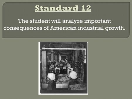 The student will analyze important consequences of American industrial growth.