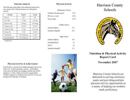 Nutrition & Physical Activity Report Card November 2007 Harrison County Schools are dedicated to serving nutritious meals and providing multiple physical.