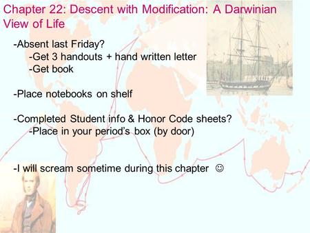 Chapter 22: Descent with Modification: A Darwinian View of Life -Absent last Friday? -Get 3 handouts + hand written letter -Get book -Place notebooks on.