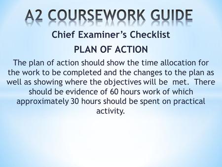 Chief Examiner’s Checklist PLAN OF ACTION The plan of action should show the time allocation for the work to be completed and the changes to the plan as.