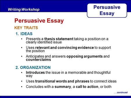 After Reading KEY TRAITS Writing Workshop Persuasive Essay...continued 1.IDEAS 2. ORGANIZATION Presents a thesis statement taking a position on a clearly.