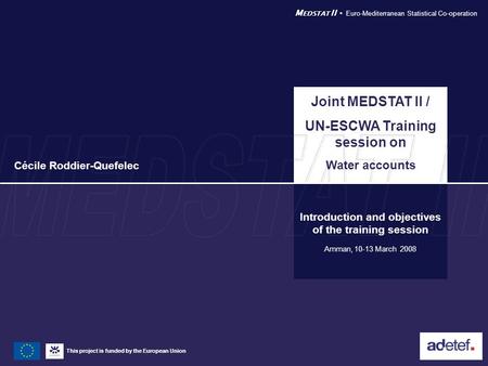 This project is funded by the European Union M EDSTAT II  Euro-Mediterranean Statistical Co-operation Introduction and objectives of the training session.