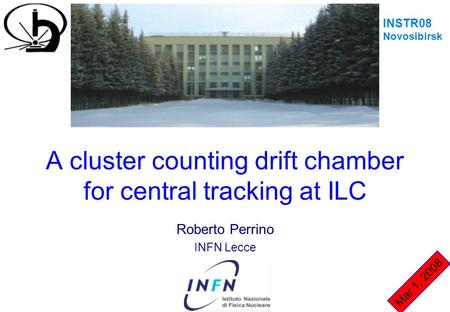A cluster counting drift chamber for central tracking at ILC Roberto Perrino INFN Lecce INSTR08 Novosibirsk Mar 1, 2008.