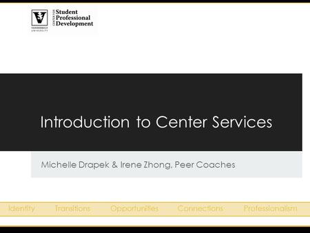 Introduction to Center Services Michelle Drapek & Irene Zhong, Peer Coaches IdentityTransitionsOpportunitiesConnectionsProfessionalism.