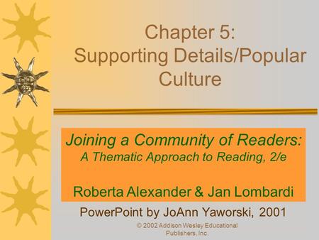 © 2002 Addison Wesley Educational Publishers, Inc. Chapter 5: Supporting Details/Popular Culture PowerPoint by JoAnn Yaworski, 2001 Joining a Community.