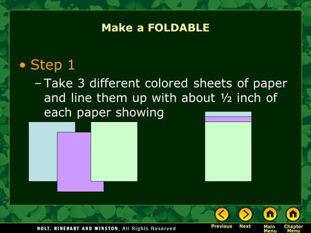 Make a FOLDABLE Step 1 –Take 3 different colored sheets of paper and line them up with about ½ inch of each paper showing.