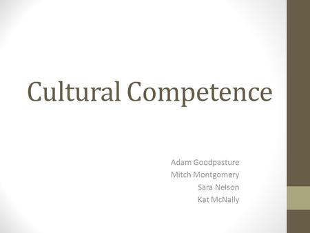 Cultural Competence Adam Goodpasture Mitch Montgomery Sara Nelson Kat McNally.